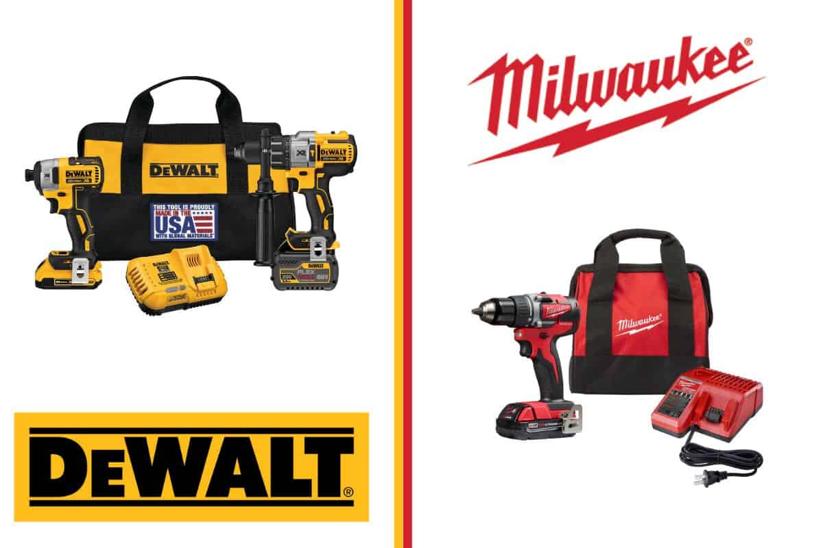 An image showing the dewalt and milwaukee logos and flagship products