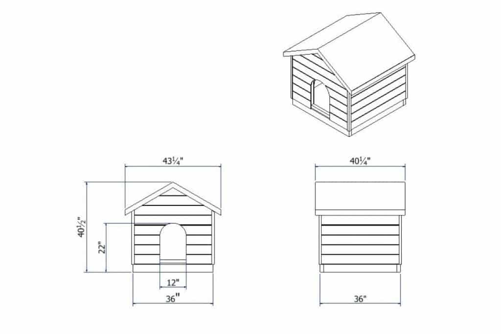 A dimensioned drawing of the completed dog house plan