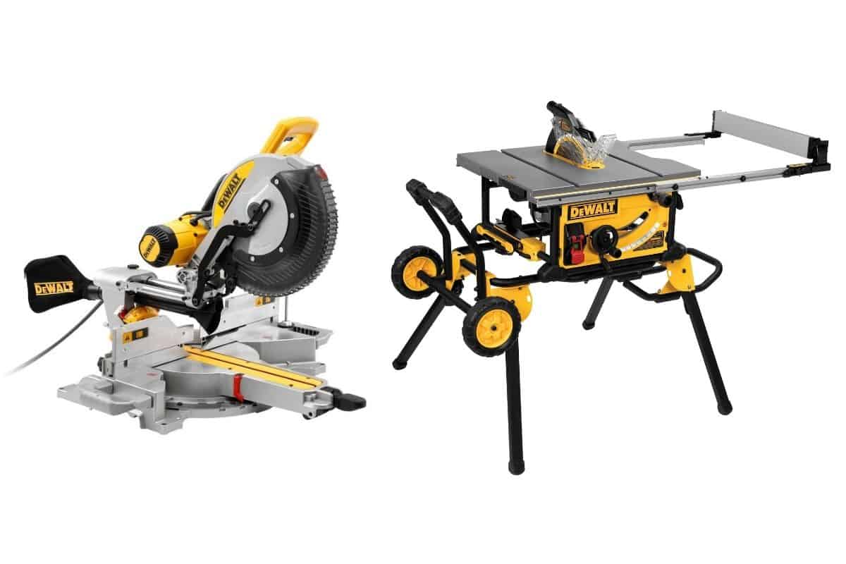 An image showing a DeWalt table saw and miter saw on a white background