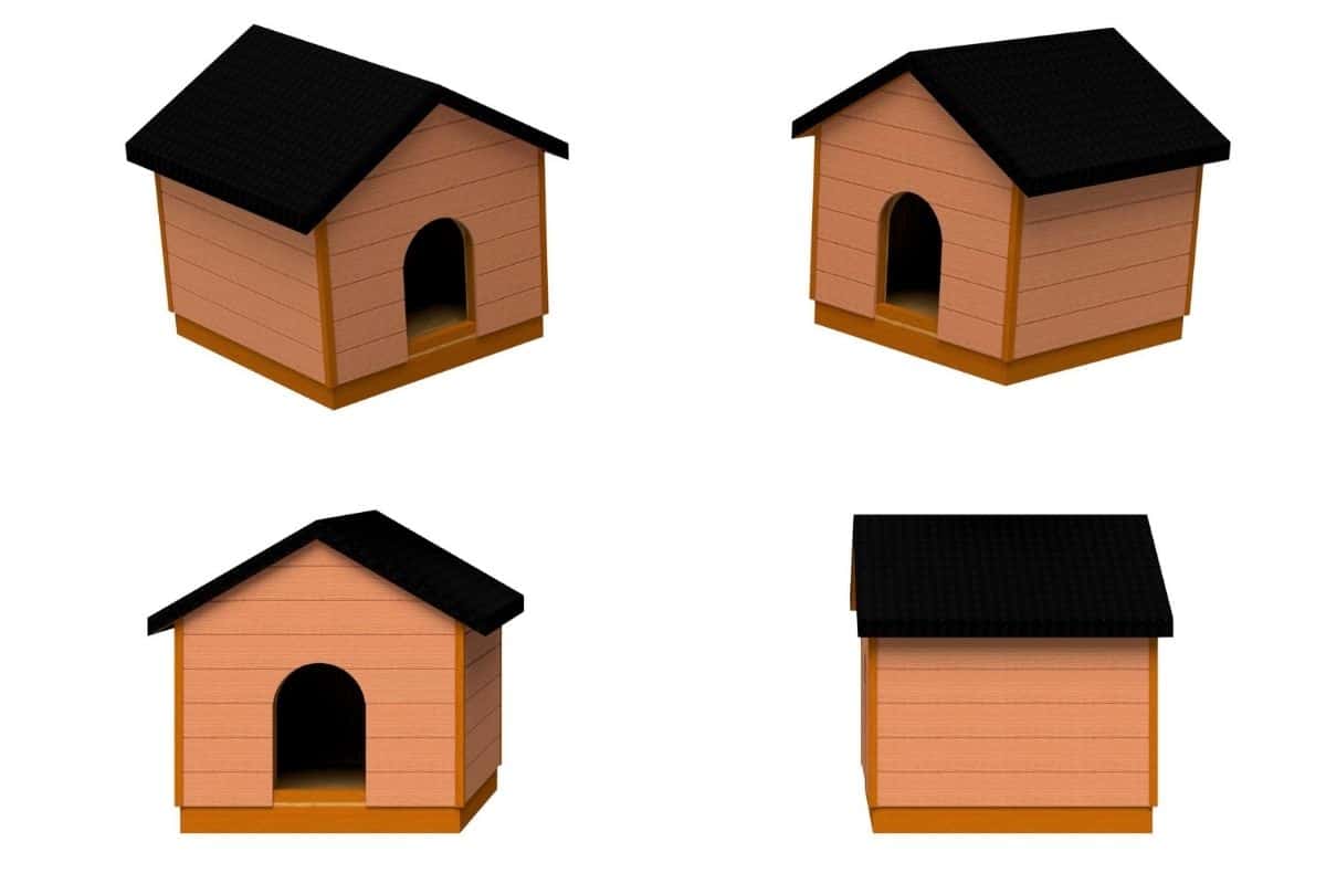 A collection of rendered isometric view of the completed dog house