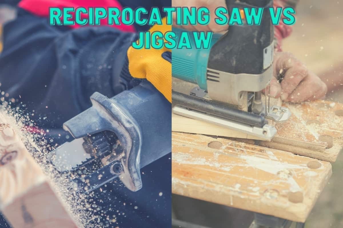Reciprocating Saw Vs Jigsaw - A split image showing someone cutting wood with a reciprocating saw on the left and a jigsaw on the right