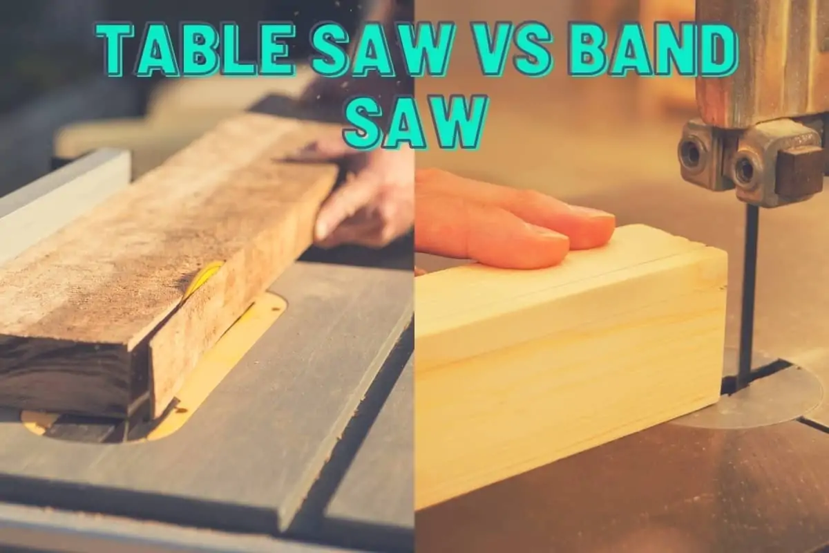 Table Saw Vs Band Saw - A split image showing someone cutting wood with a table saw on the left and a band saw on the right