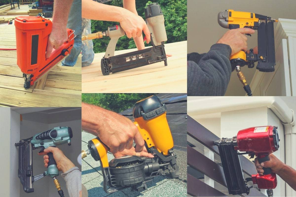 Multiple images showing all types of different nail guns being used.