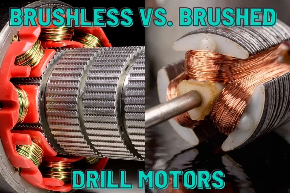 A split image showing a brushless motor on the left and a brushed motor on the right.