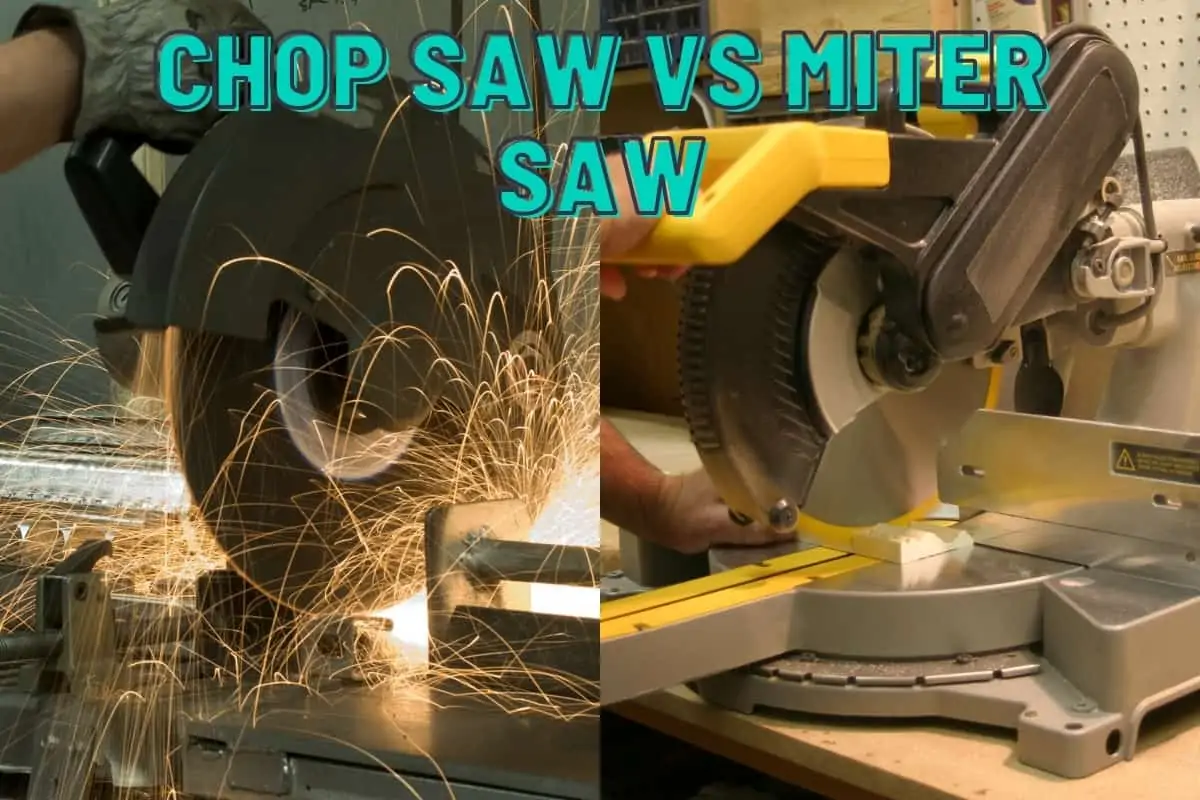 Table Saw Vs Band Saw - A split image showing someone cutting metal with a chop saw on the left and wood with a miter saw on the right.